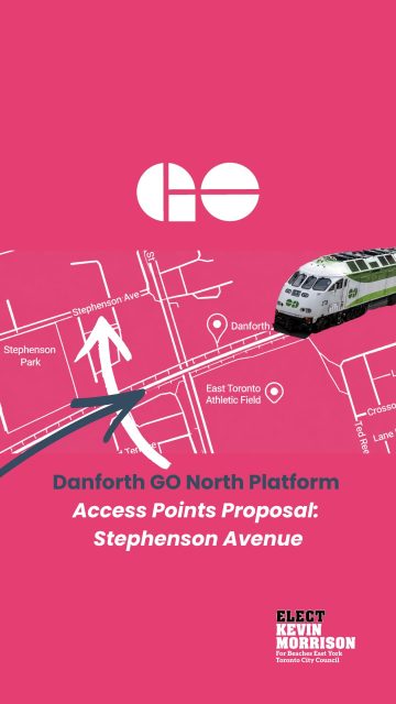 Here at the Danforth GO North Platform, there will be an upwards of 20,000 people moving into these neighbourhoods surrounding the station. 

It is absolutely necessary to implement more access points to the station. 

One of the proposals that we have, is a pathway from Stephenson Avenue, which is similar to the pathway on the south side. 

In addition to the Stephenson Avenue pathway, we will also need to create access points along the new buildings being built near the station to accommodate for the many thousands of people soon to be moving in. 

Elect me on October 26th, and I will ensure these plans will be set in motion and taken care of. 

#beacheseastyork #danforthgostation #kmorrison4bey